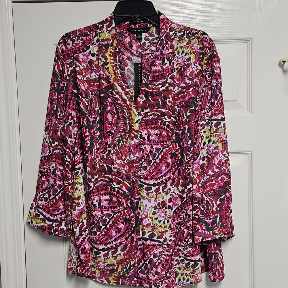 Investments 3/4 Sleeve Button Front V-neck Top: BurgundyW/Floral:Size- XL